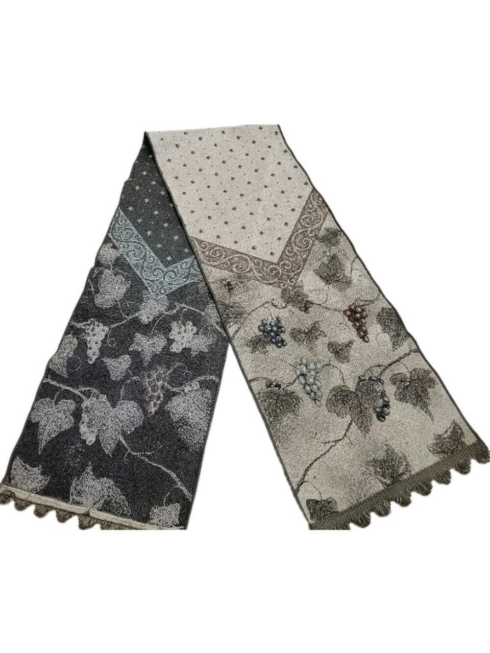 Tapestry table runner with lace and a beautiful grapevine design 71"X13" Beige.